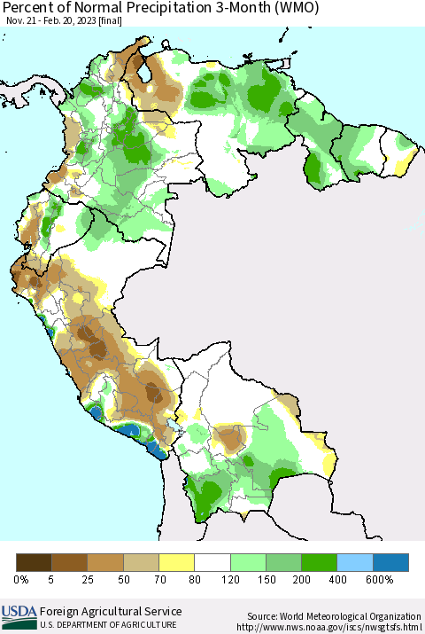 Northern South America Percent of Normal Precipitation 3-Month (WMO) Thematic Map For 11/21/2022 - 2/20/2023