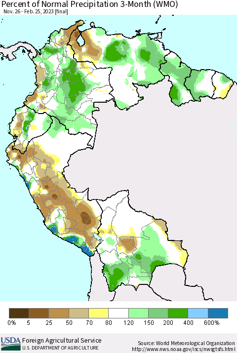 Northern South America Percent of Normal Precipitation 3-Month (WMO) Thematic Map For 11/26/2022 - 2/25/2023