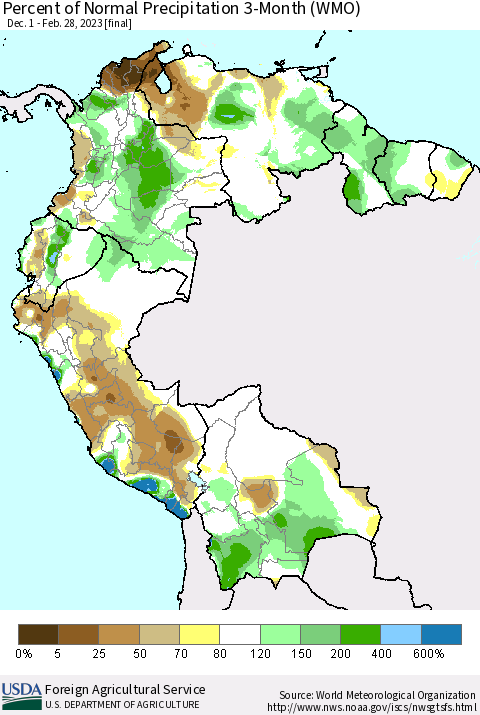 Northern South America Percent of Normal Precipitation 3-Month (WMO) Thematic Map For 12/1/2022 - 2/28/2023