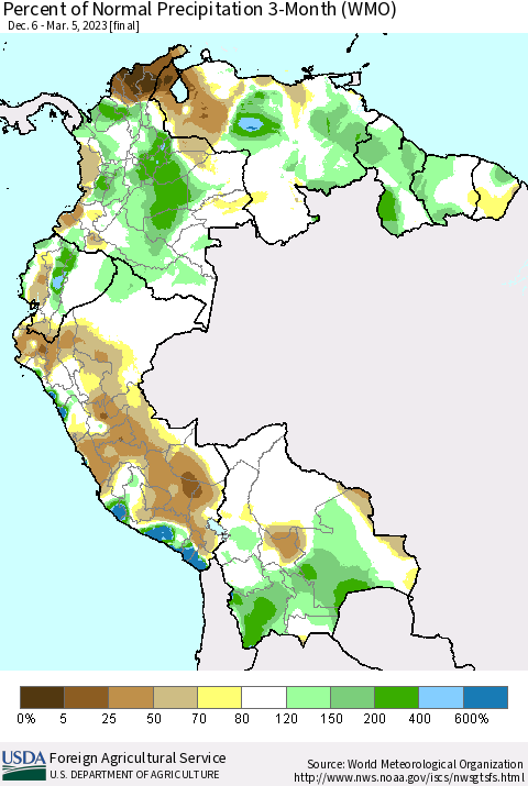Northern South America Percent of Normal Precipitation 3-Month (WMO) Thematic Map For 12/6/2022 - 3/5/2023