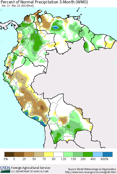Northern South America Percent of Normal Precipitation 3-Month (WMO) Thematic Map For 12/11/2022 - 3/10/2023