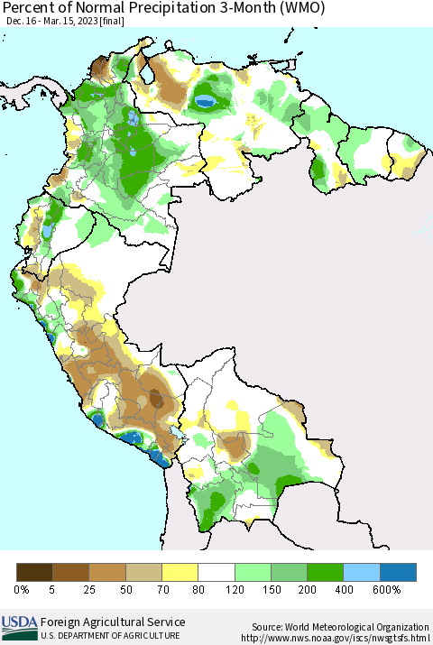 Northern South America Percent of Normal Precipitation 3-Month (WMO) Thematic Map For 12/16/2022 - 3/15/2023