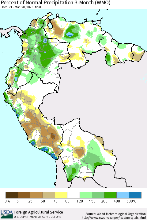 Northern South America Percent of Normal Precipitation 3-Month (WMO) Thematic Map For 12/21/2022 - 3/20/2023