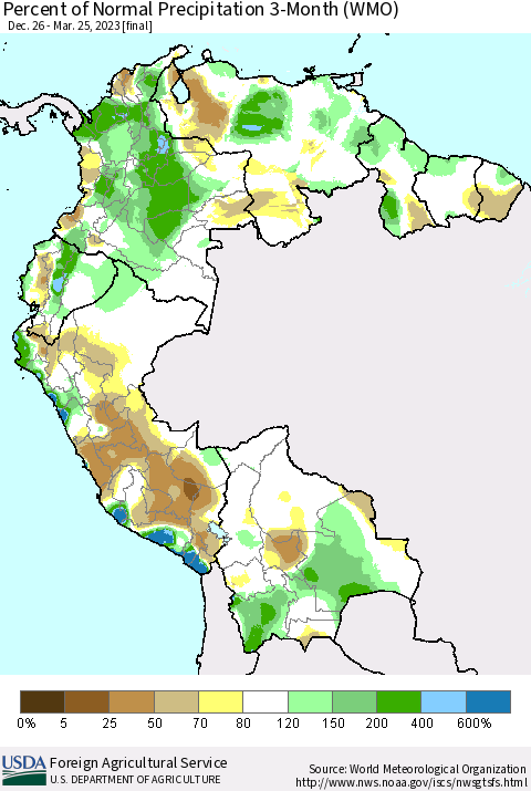 Northern South America Percent of Normal Precipitation 3-Month (WMO) Thematic Map For 12/26/2022 - 3/25/2023