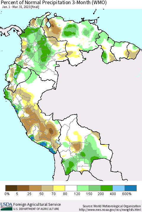 Northern South America Percent of Normal Precipitation 3-Month (WMO) Thematic Map For 1/1/2023 - 3/31/2023