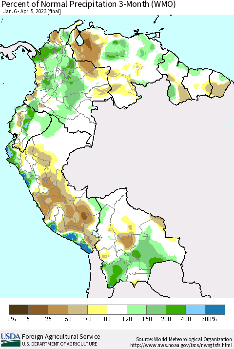 Northern South America Percent of Normal Precipitation 3-Month (WMO) Thematic Map For 1/6/2023 - 4/5/2023