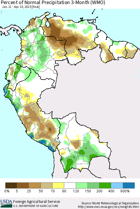 Northern South America Percent of Normal Precipitation 3-Month (WMO) Thematic Map For 1/11/2023 - 4/10/2023