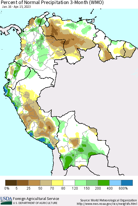 Northern South America Percent of Normal Precipitation 3-Month (WMO) Thematic Map For 1/16/2023 - 4/15/2023