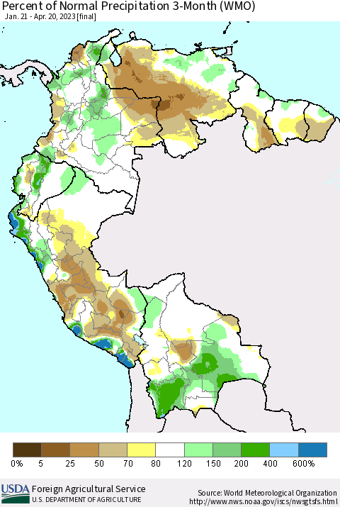 Northern South America Percent of Normal Precipitation 3-Month (WMO) Thematic Map For 1/21/2023 - 4/20/2023