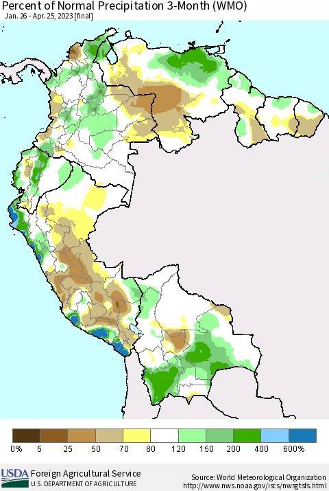 Northern South America Percent of Normal Precipitation 3-Month (WMO) Thematic Map For 1/26/2023 - 4/25/2023