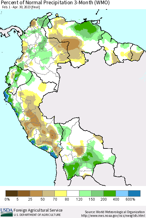 Northern South America Percent of Normal Precipitation 3-Month (WMO) Thematic Map For 2/1/2023 - 4/30/2023
