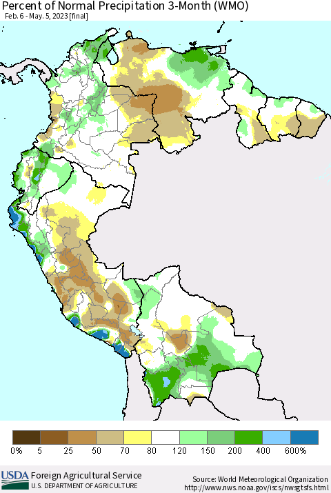 Northern South America Percent of Normal Precipitation 3-Month (WMO) Thematic Map For 2/6/2023 - 5/5/2023