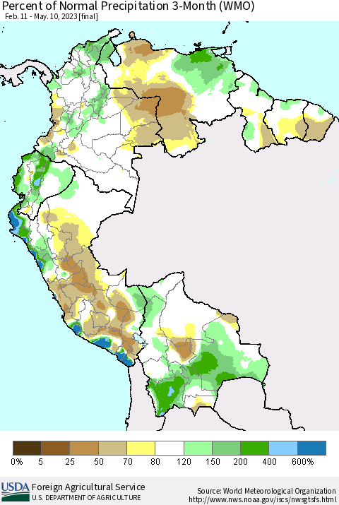 Northern South America Percent of Normal Precipitation 3-Month (WMO) Thematic Map For 2/11/2023 - 5/10/2023