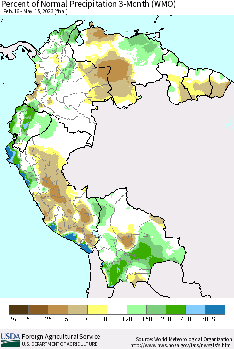 Northern South America Percent of Normal Precipitation 3-Month (WMO) Thematic Map For 2/16/2023 - 5/15/2023