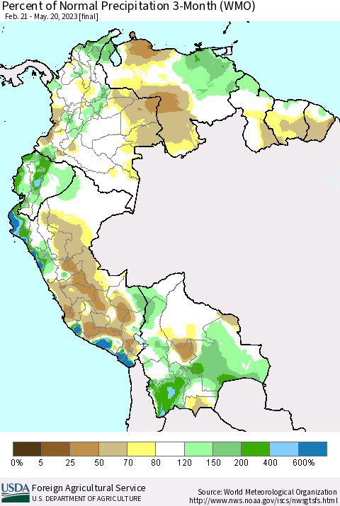 Northern South America Percent of Normal Precipitation 3-Month (WMO) Thematic Map For 2/21/2023 - 5/20/2023