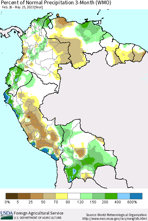 Northern South America Percent of Normal Precipitation 3-Month (WMO) Thematic Map For 2/26/2023 - 5/25/2023