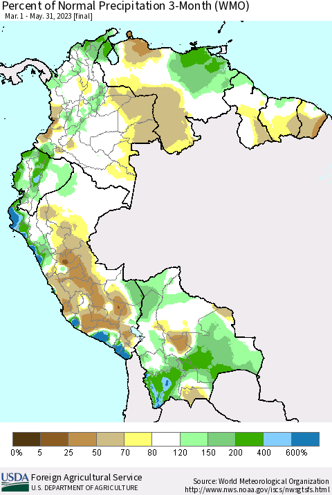 Northern South America Percent of Normal Precipitation 3-Month (WMO) Thematic Map For 3/1/2023 - 5/31/2023