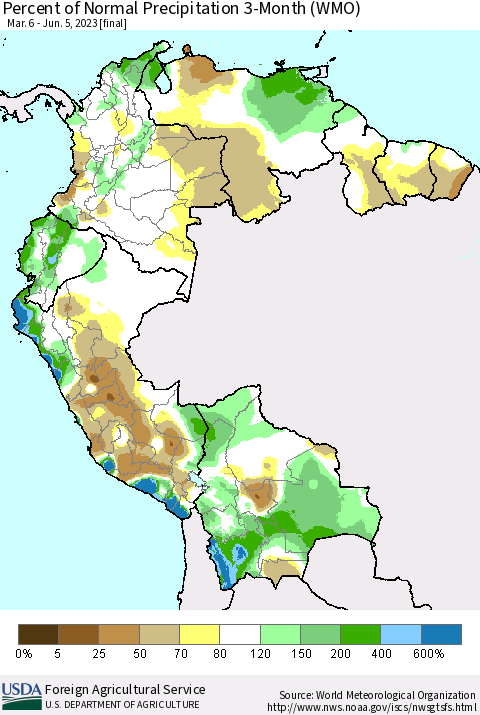 Northern South America Percent of Normal Precipitation 3-Month (WMO) Thematic Map For 3/6/2023 - 6/5/2023