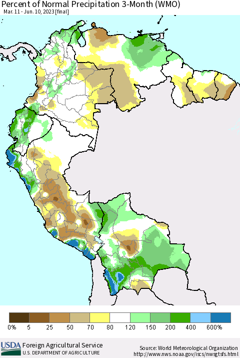 Northern South America Percent of Normal Precipitation 3-Month (WMO) Thematic Map For 3/11/2023 - 6/10/2023