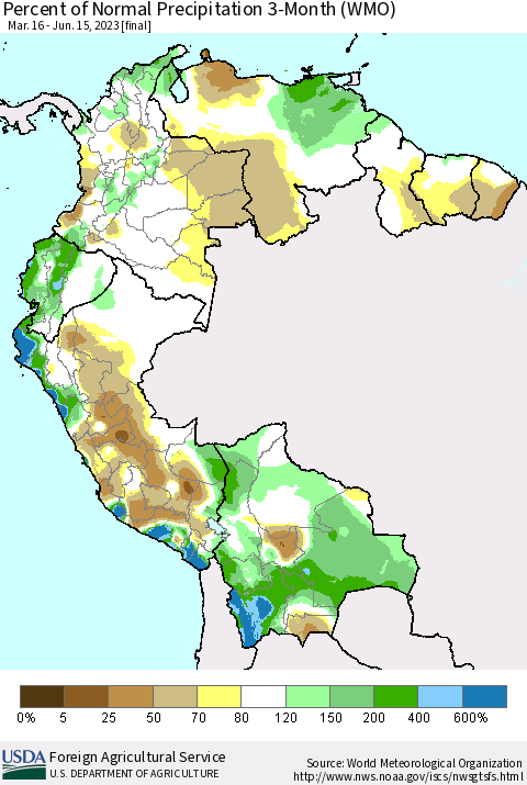 Northern South America Percent of Normal Precipitation 3-Month (WMO) Thematic Map For 3/16/2023 - 6/15/2023