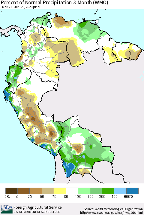 Northern South America Percent of Normal Precipitation 3-Month (WMO) Thematic Map For 3/21/2023 - 6/20/2023