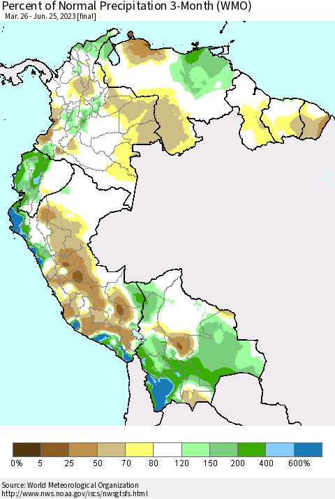 Northern South America Percent of Normal Precipitation 3-Month (WMO) Thematic Map For 3/26/2023 - 6/25/2023