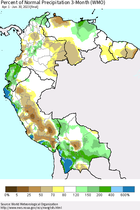 Northern South America Percent of Normal Precipitation 3-Month (WMO) Thematic Map For 4/1/2023 - 6/30/2023