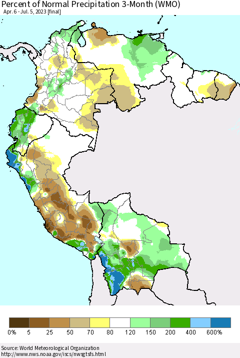 Northern South America Percent of Normal Precipitation 3-Month (WMO) Thematic Map For 4/6/2023 - 7/5/2023