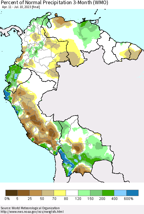 Northern South America Percent of Normal Precipitation 3-Month (WMO) Thematic Map For 4/11/2023 - 7/10/2023
