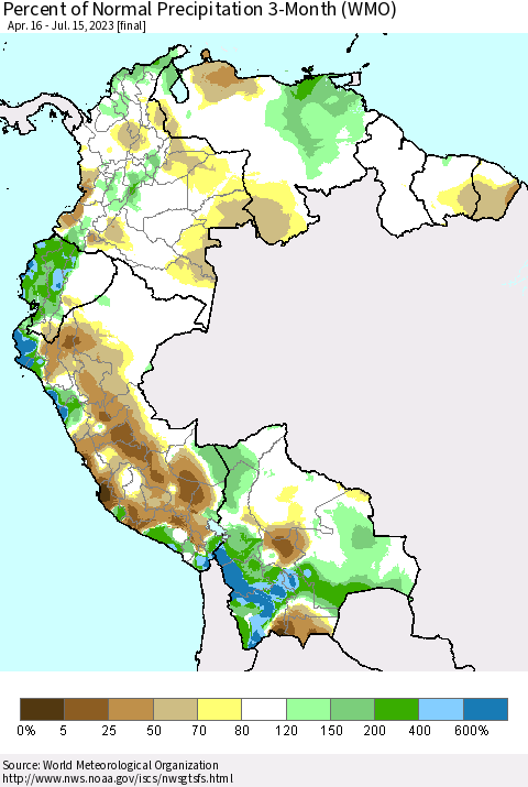 Northern South America Percent of Normal Precipitation 3-Month (WMO) Thematic Map For 4/16/2023 - 7/15/2023