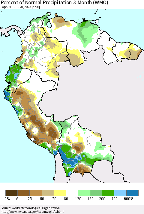 Northern South America Percent of Normal Precipitation 3-Month (WMO) Thematic Map For 4/21/2023 - 7/20/2023