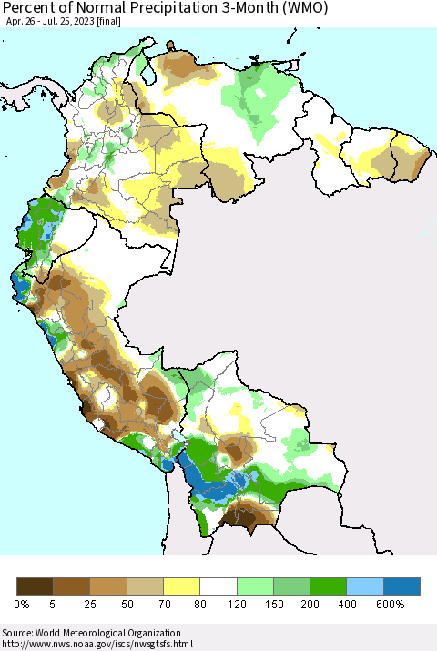 Northern South America Percent of Normal Precipitation 3-Month (WMO) Thematic Map For 4/26/2023 - 7/25/2023