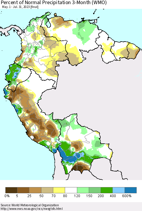 Northern South America Percent of Normal Precipitation 3-Month (WMO) Thematic Map For 5/1/2023 - 7/31/2023