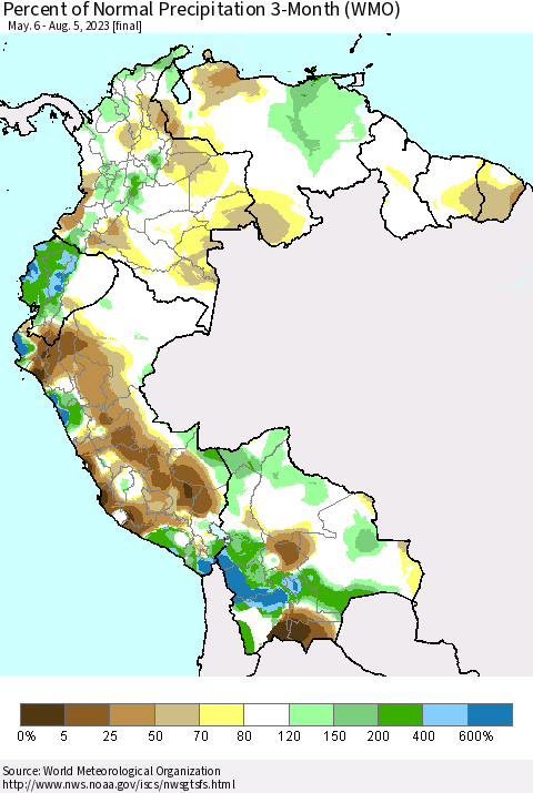 Northern South America Percent of Normal Precipitation 3-Month (WMO) Thematic Map For 5/6/2023 - 8/5/2023
