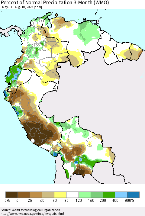 Northern South America Percent of Normal Precipitation 3-Month (WMO) Thematic Map For 5/11/2023 - 8/10/2023
