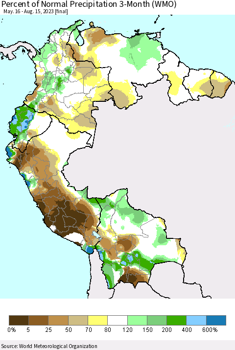 Northern South America Percent of Normal Precipitation 3-Month (WMO) Thematic Map For 5/16/2023 - 8/15/2023
