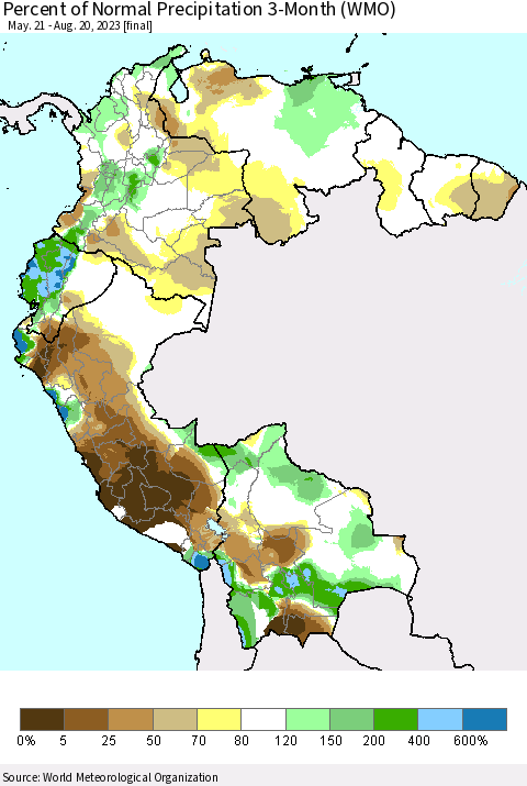 Northern South America Percent of Normal Precipitation 3-Month (WMO) Thematic Map For 5/21/2023 - 8/20/2023
