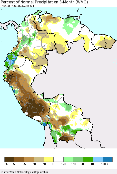 Northern South America Percent of Normal Precipitation 3-Month (WMO) Thematic Map For 5/26/2023 - 8/25/2023