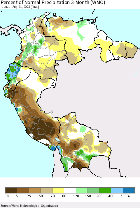 Northern South America Percent of Normal Precipitation 3-Month (WMO) Thematic Map For 6/1/2023 - 8/31/2023