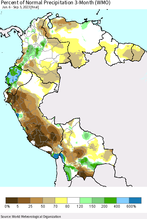 Northern South America Percent of Normal Precipitation 3-Month (WMO) Thematic Map For 6/6/2023 - 9/5/2023