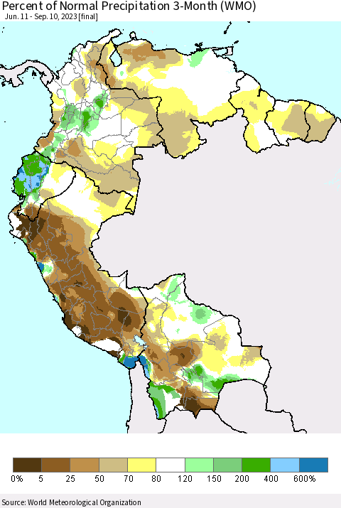 Northern South America Percent of Normal Precipitation 3-Month (WMO) Thematic Map For 6/11/2023 - 9/10/2023