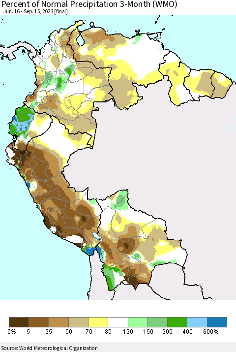 Northern South America Percent of Normal Precipitation 3-Month (WMO) Thematic Map For 6/16/2023 - 9/15/2023