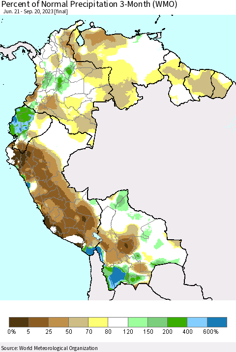 Northern South America Percent of Normal Precipitation 3-Month (WMO) Thematic Map For 6/21/2023 - 9/20/2023