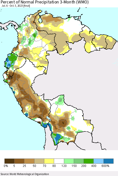 Northern South America Percent of Normal Precipitation 3-Month (WMO) Thematic Map For 7/6/2023 - 10/5/2023
