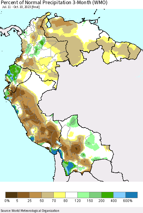 Northern South America Percent of Normal Precipitation 3-Month (WMO) Thematic Map For 7/11/2023 - 10/10/2023