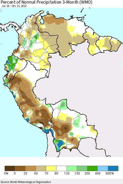Northern South America Percent of Normal Precipitation 3-Month (WMO) Thematic Map For 7/16/2023 - 10/15/2023