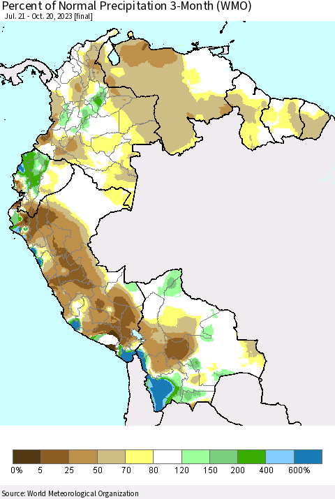 Northern South America Percent of Normal Precipitation 3-Month (WMO) Thematic Map For 7/21/2023 - 10/20/2023