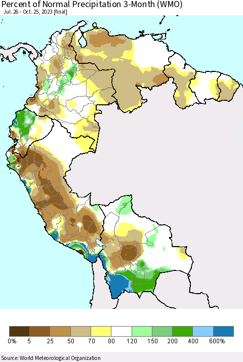 Northern South America Percent of Normal Precipitation 3-Month (WMO) Thematic Map For 7/26/2023 - 10/25/2023