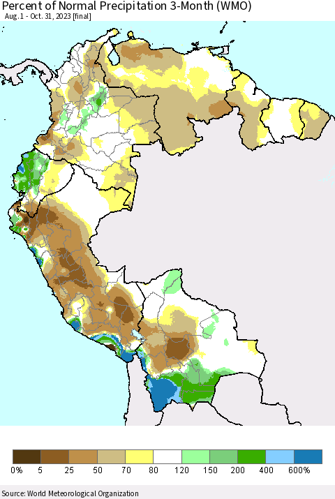 Northern South America Percent of Normal Precipitation 3-Month (WMO) Thematic Map For 8/1/2023 - 10/31/2023