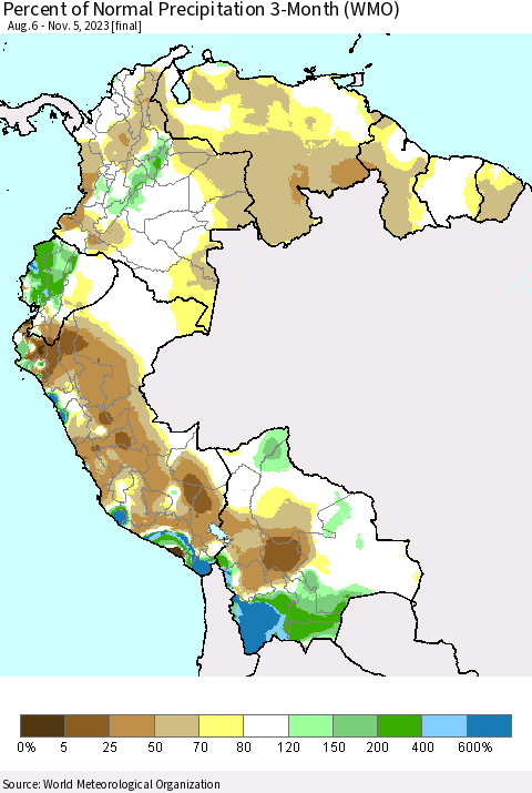 Northern South America Percent of Normal Precipitation 3-Month (WMO) Thematic Map For 8/6/2023 - 11/5/2023